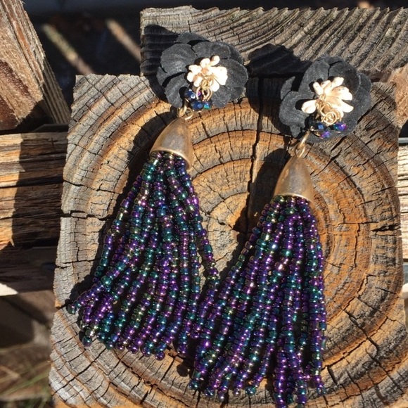 Fabric Flower Post Beaded Tassel Post Earrings - Picture 6 of 8
